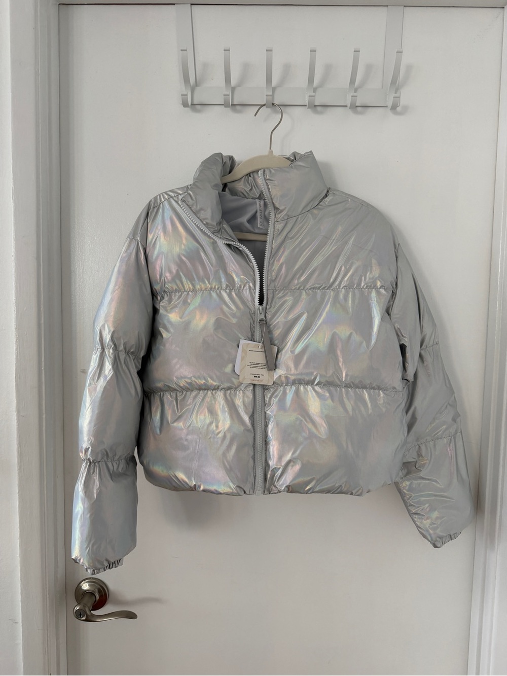 Fabletics Iridescent Silver Holographic Puffer Jacket